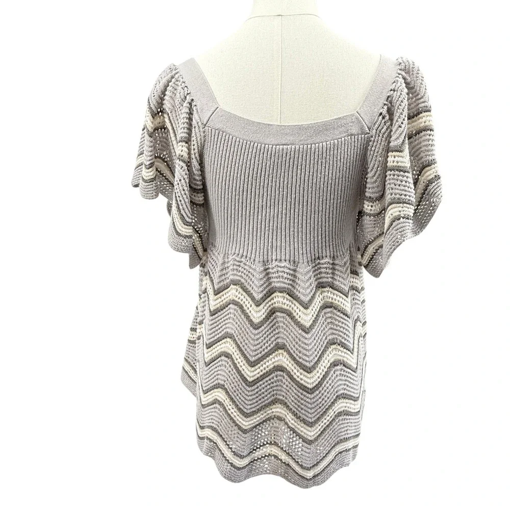 Y2K Free People Women's‎ Crochet Knit Top Large Grey Chevron Square Neck Boho